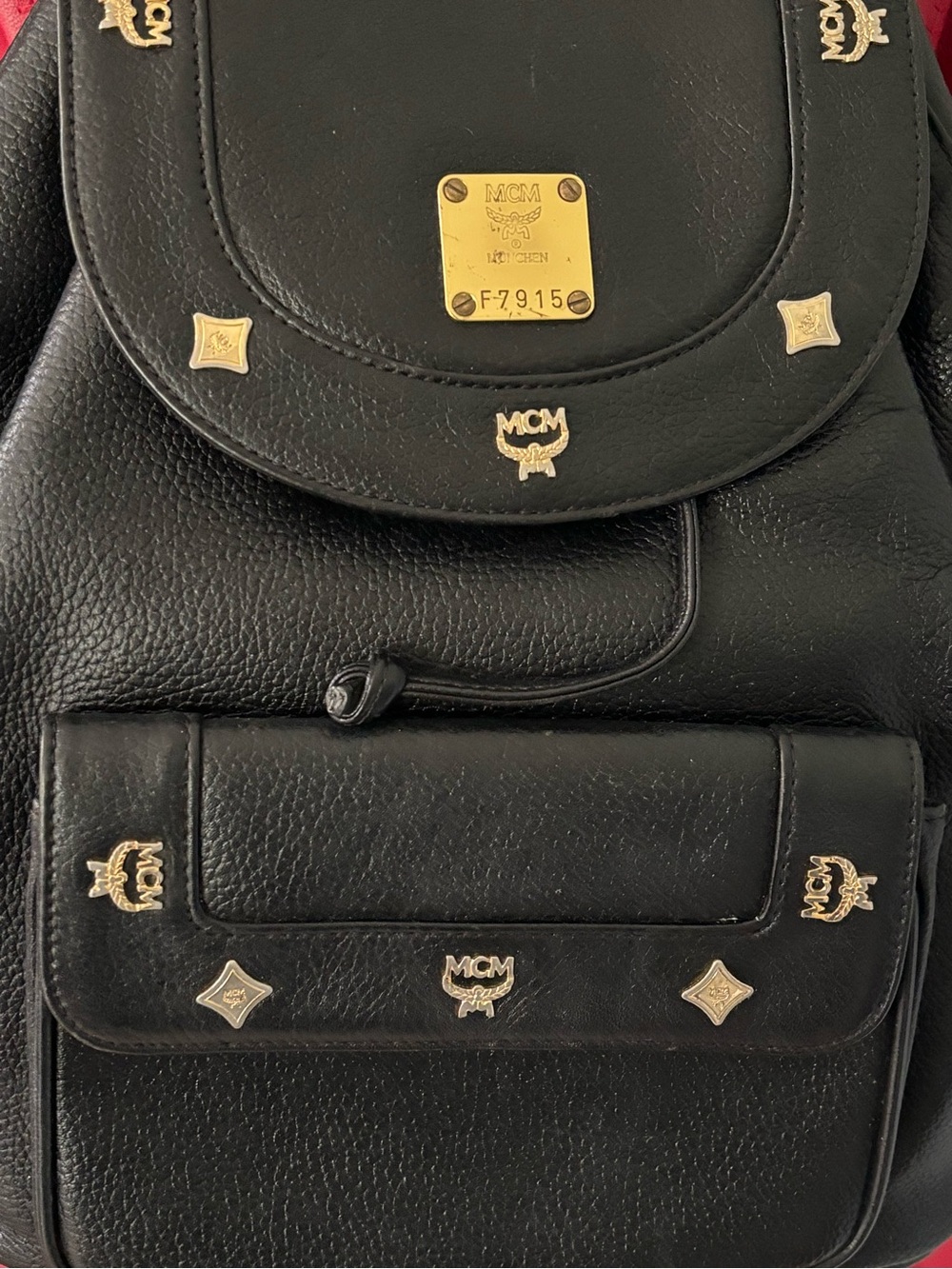 Vintage MCM Black Leather Visetos Logo Backpack with Gold Accents - Picture 3 of 17